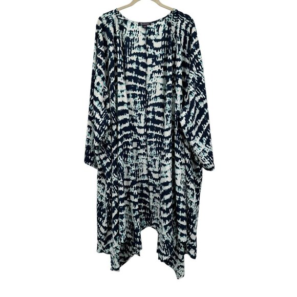 Roamans Plus Sz 3X 4X Blue White Abstract Print Kaftan Cardigan Duster Relaxed - Picture 1 of 7